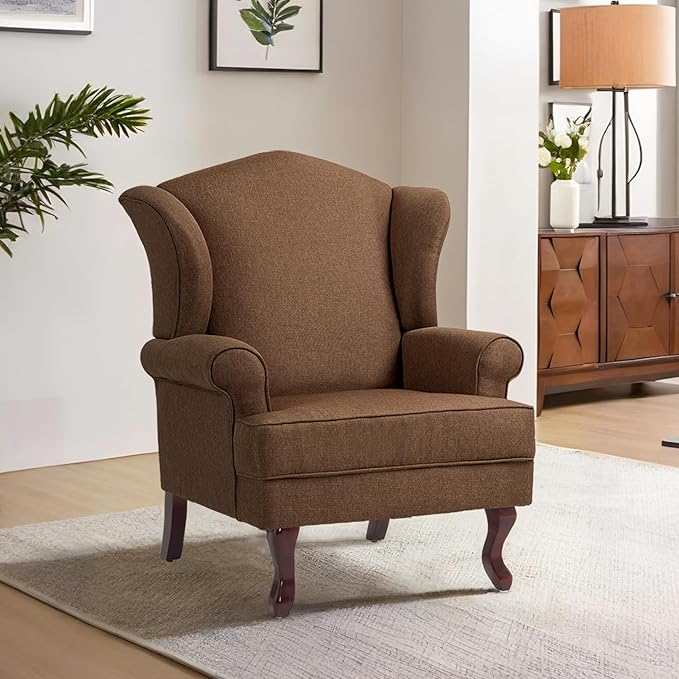 Accent Chair, High Back Upholstered Armchair with High Resilience Sponge & Wood Legs, Mid-Century Modern Comfy Single Sofa Reading Chairs for Living Room, Bedroom (Brown, Set of 2)