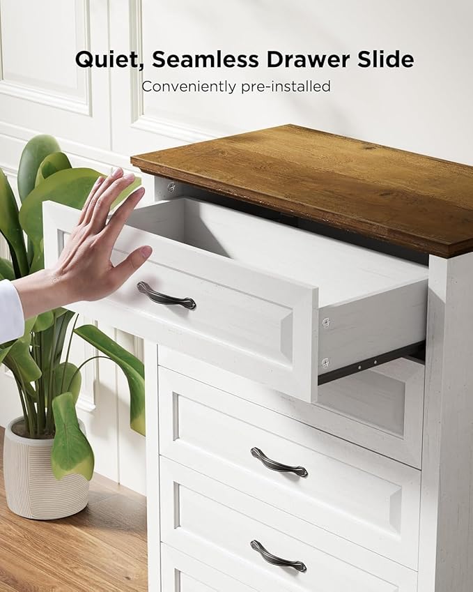 Pipishell White 5 Drawers Dresser Chests for Bedroom, 42.7 Inch Tall Wooden Dresser, Farmhouse Storgae Organizer with Large Drawers & Bar Handles for Bedroom, Entryway, Hallway, Brown & White