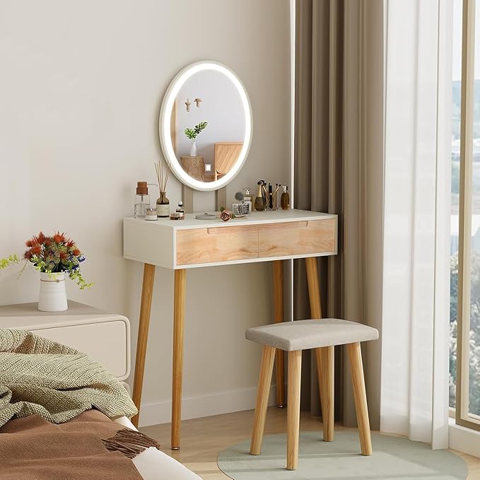 YOURLITE Makeup Vanity Desk with Lights, Small Vanity with Adjustable Brightness Mirror for Small Spaces, Dressing Table with Drawers 27.5", Oval Mirror Wood