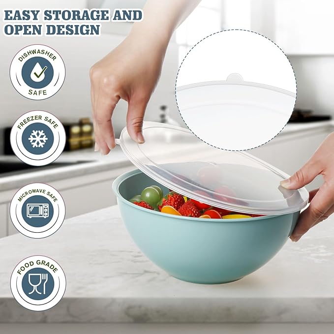 4-Piece Plastic Mixing Bowl Set with Lids for Kitchen, 67oz Lightweight Storage Bowls, Large Salad Bowls for Baking, Prepping, Cooking and Serving Food, Dishwasher & Microwave Safe
