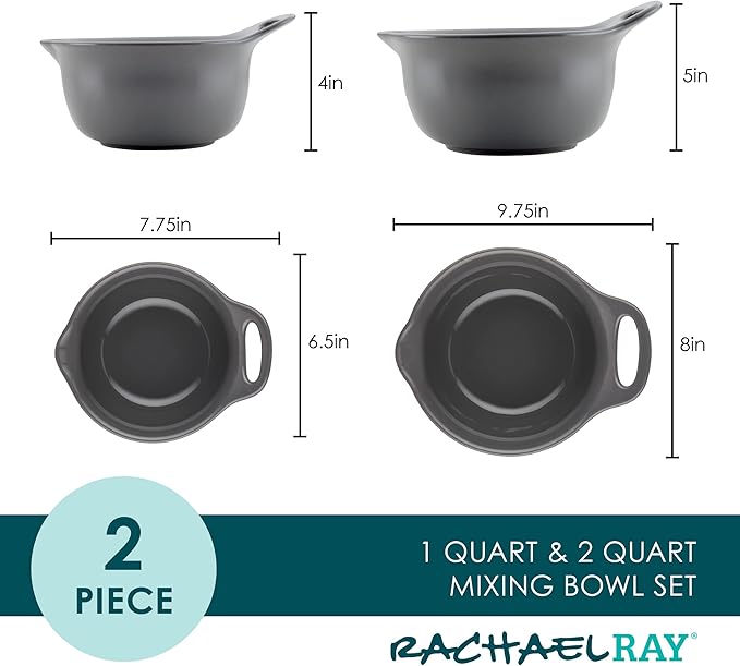 Rachael Ray Ceramics Nesting Mixing Bowl Set with Pour Spout, 1 Quart and 2 Quart - Dark Gray