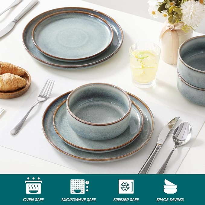 vancasso PLAYA Plates and Bowls Sets, 12 Pieces Light-Blue Dinnerware Sets for Kitchen, Reactive Glaze Dishes Set for 4, Dishwasher and Microwave Safe