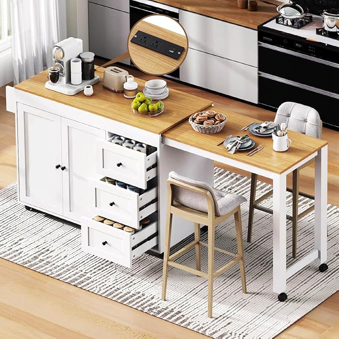 74.8" Rolling Kitchen Island with Extendable Dining Table, Kitchen Storage Cart with 3 Drawers and Power Outlet, Mobile Island Table with Spice Rack and Double-Door Cabinet (White)