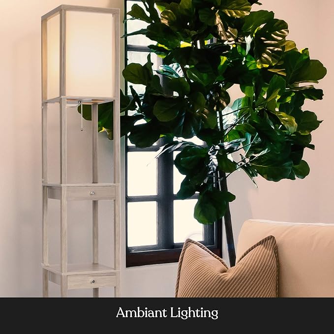 Brightech Maxwell Drawer Edition - Modern Shelf Floor Lamp with Drawer - Corner Display Floor Lamps with Shelves for Living Room, Bedroom and Office - Rustic Wood