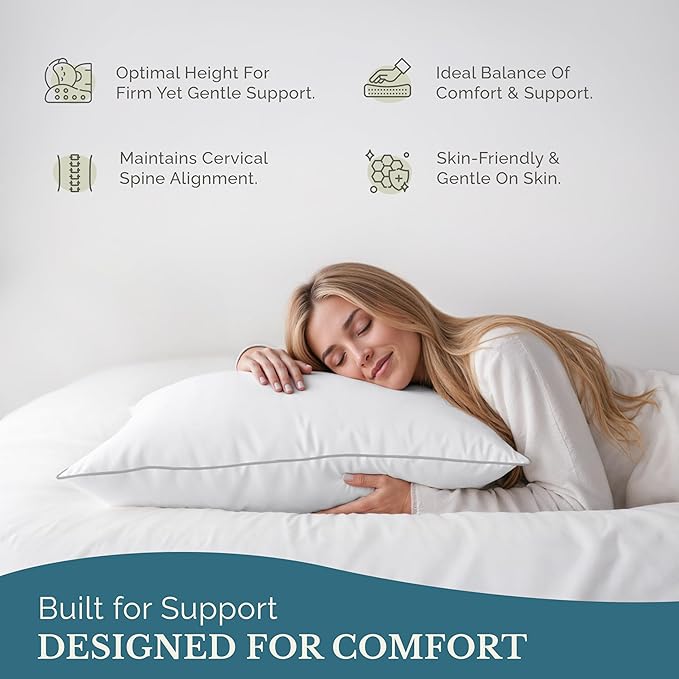 Casa Platino Bed Pillows Queen Size Set of 2 - Firm, Cozy & Soft Pillows for Adults- Pack of 2 – Luxury Queen Size Bed Pillow for Side, Back & Stomach Sleepers - White