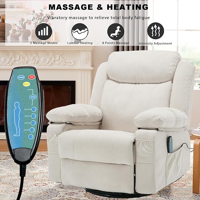 Massage Rocker Recliner Chair with Heat for Adult, Fabric Overstuffed Swivel Recliners Reclining Single Sofa Rocking Manual Home Theater Recliners Lounge Chairs for Living Room,Beige