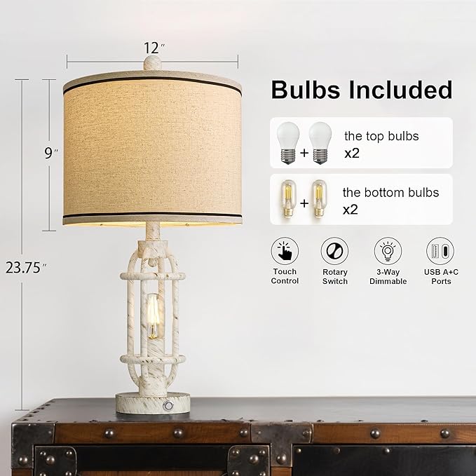 23.75'' Table Lamps Set of 2 for Living Room Bedroom Industrial Farmhouse Metal Touch Lamps with USB A+C Ports, Night Light Vintage Nightstand Bedside Lamp, Bulbs Included, White