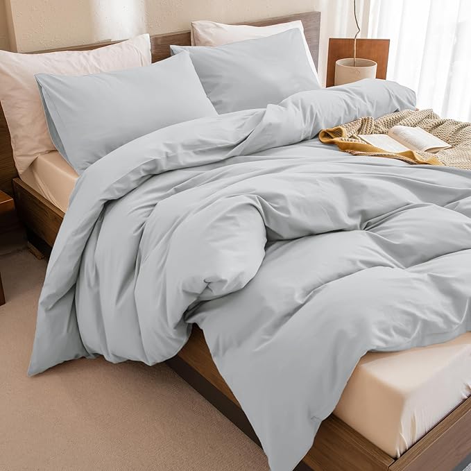 Sanracie Cotton Comforter Set Queen,Linen Like Textured Bedding Comforter for Queen Size Bed 3pcs(1 Solid Comforter Cornflower Blue and 2 Pillowcases) Soft Lightweight Bedding Set