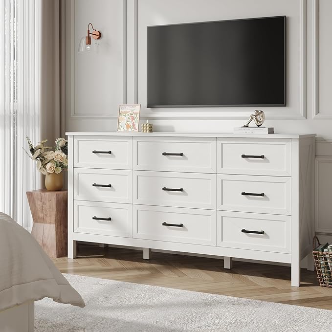 Farmhouse 9 Drawers Dresser for Bedroom, Wood Rustic Wide Dressers with Metal Handles, Wood Chest for Bedroom, Hallway, Entryway, White