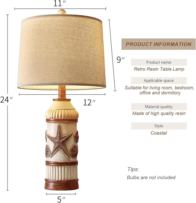 OYEARS 24“ Table Lamp for Bedroom, Boho Table Lamp for Living Room, Bedside Nightstand Lamp, Coastal Nautical Lamp with Starfish Conch Pattern for Decor, End Table, Vintage Retro Beach, Off White