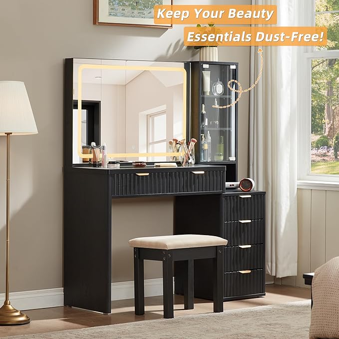 LEYAOYAO Black Vanity Desk with Mirror and Lights with Stool, 43.5'' Fluted Makeup Vanity with 6 Drawers and Adjustable Shelves,Wood Make Up Vanity Set with Glass Top and Power Outlet for Bedroom