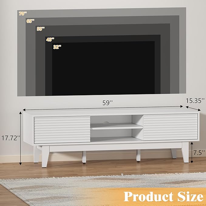 Wooden Fluted TV Stand for 55 65 70 inch TV, Long & Large TV Media Console Table with Storage Cabinets, Boho Farmhouse Entertainment Center for Living Room, Bedroom - White