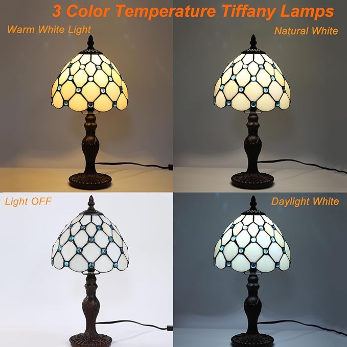 Tiffany Small Table Lamp for Living Room Blue Beads Stained Glass Bedside Nightstand Table Lamps for Bedroom Set of 2,3-Color Temperatures 8X8X15 Inch Hotel Home Office Desk Lamps
