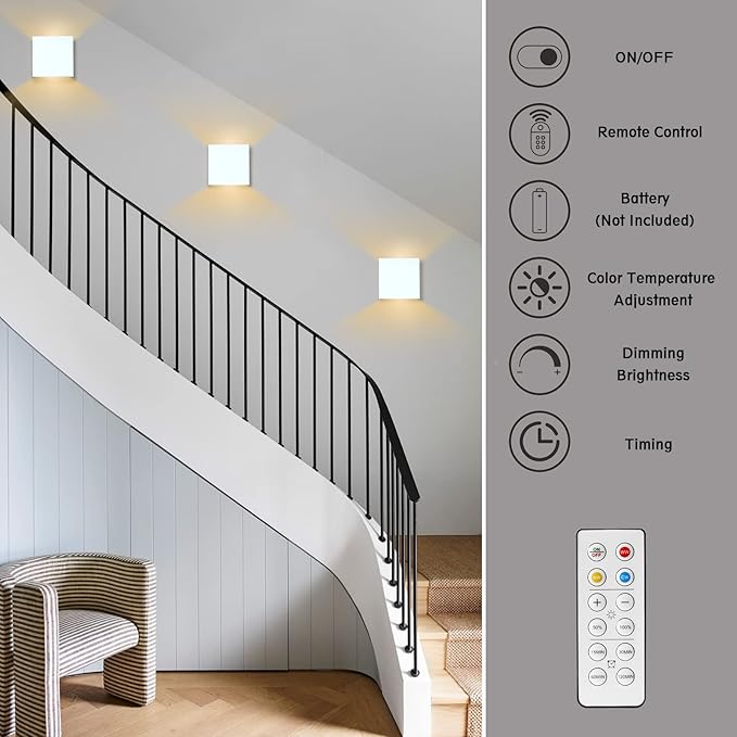 HEQIQEH White Modern Battery Operated Wall Sconces, LED Cube Indoor Up and Down Wall Lamp with Remote Control, Dimmable Cordless Wall Lighting Fixtures for Living Room,Bedside (White - 3 Pack)