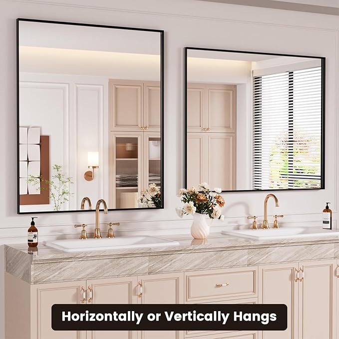Black Bathroom Vanity Mirror 30x36 Inch, Rectangle Matte Black Bathroom Mirror, Square Corner, Tempered Glass, Bedroom, Living Room, Entryway, Wall Mounted(Vertical/Horizontal)