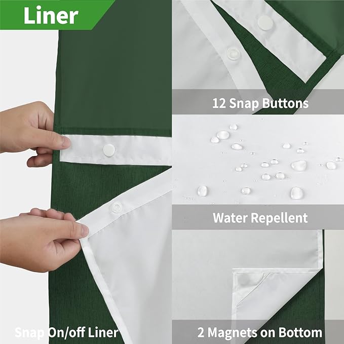 No Hooks Needed Linen Textured Shower Curtain with Snap-in Fabric Liner Set,Hotel Luxury Decor Shower Curtains for Bathroom with Mesh Top Window,Waterproof & Washable,71Wx74H,Emerald Green