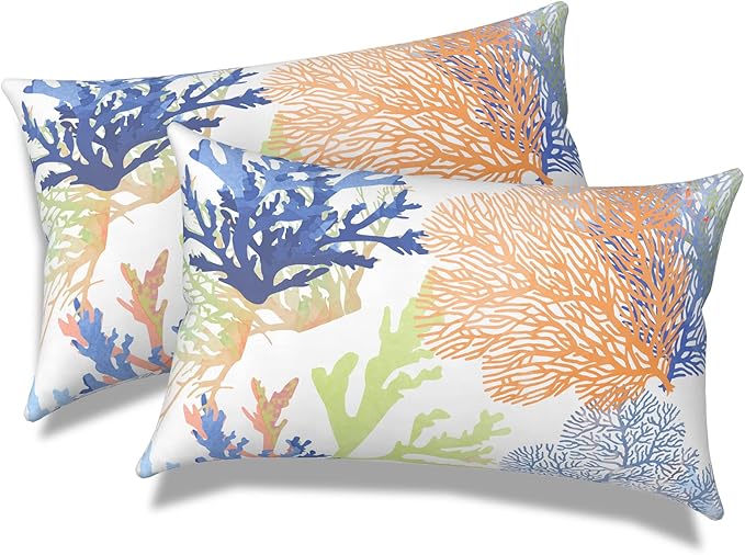 Pack of 2 Outdoor Lumbar Pillow Covers, All Weather Cushion Pillow Cases 12x20 Inch, Pillowcase for Patio Couch Decoration, Coral Multi