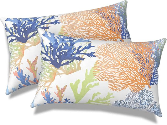 Outdoor/Indoor Lumbar Pillows, Water Repellent Cushion Pillows, 12x20 Inch, Outdoor Pillows with Inserts for Home Garden, Pack of 2, Coral Multi