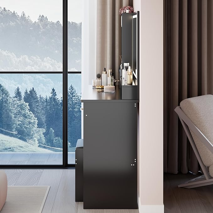 41" Vanity Desk with Mirror and Lights, Makeup Table with Led Mirror, 3 Lighting Colors, Vanity Set with 6 Drawers and Stool for Bedroom, Black