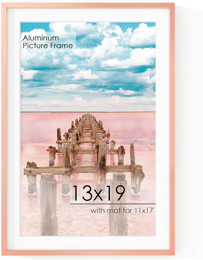 13x19 Metal Picture Frame for Wall With Mat for 11x17, 13''x19'' Aluminum Photo Frames With Tempered Glass for Home Decor, Minimalist Modern Poster Frame Horizontal And Vertical Formats, Rose Gold