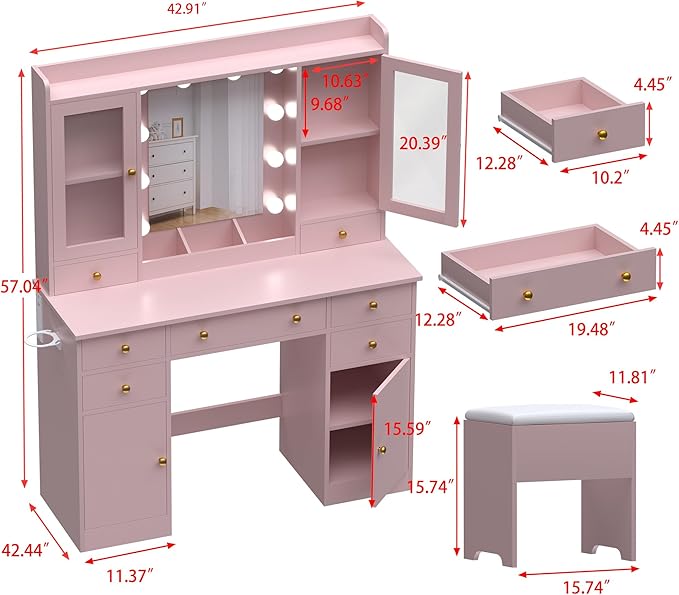 Vanity Desk with Mirror and Lights, 43" Pink Makeup Vanity Set with 5 Drawers & Glass Cabinets, Storage Stool, Power Outlet & Adjustable LED Lights, Dressing Table for Women & Girls Bedroom
