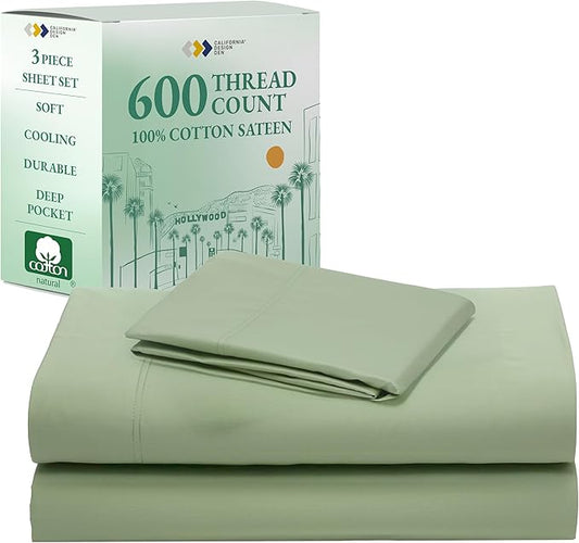 California Design Den Natural 100% Cotton Bed Sheets Twin Size Set - Luxury 600 Thread Count Sateen, Fully Elasticized Deep Pocket Sheet Set, Cool and Durable Hotel Quality Bedding - Laurel Green