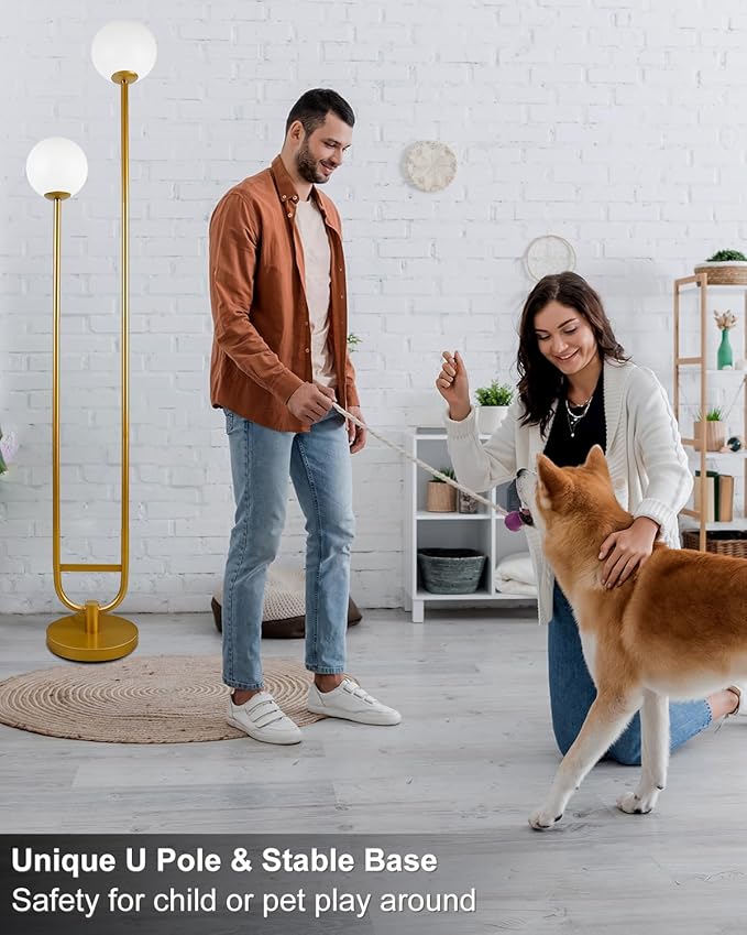 Lightdot 63IN Gold Floor Lamp with U Pole, 2 Globe Mid Century Standing Lamps with Warm White LED Bulbs, Unique Vintage Tall Floor Lamp for Living Room/Wedding/Party