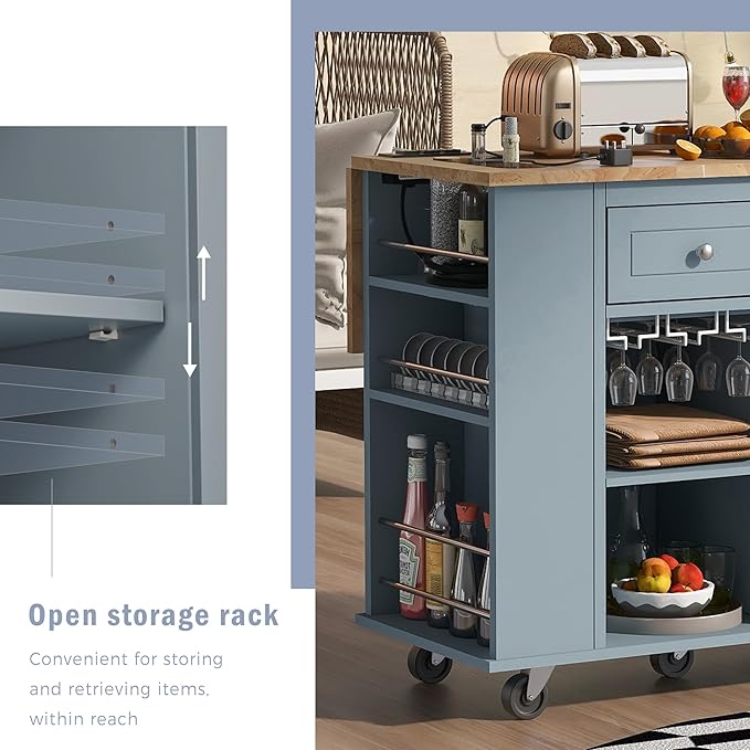 Rolling Mobile Kitchen Island Cart Cabinet with Door, Wine Rack, 2 Drawers and Open Storage Shelves for Dining Room