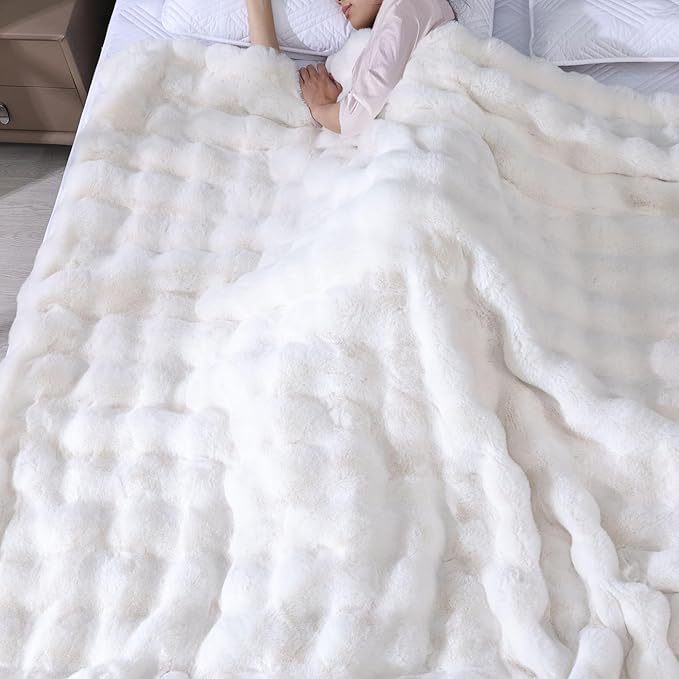 Fluffy Fuzzy Cozy Faux Fur Throw Blanket for Living Room Couch Cream Beige Bubble 60X80 Throw Blanket for Apartment Bed Gift Office Decorative Blanket Decor 860 GSM