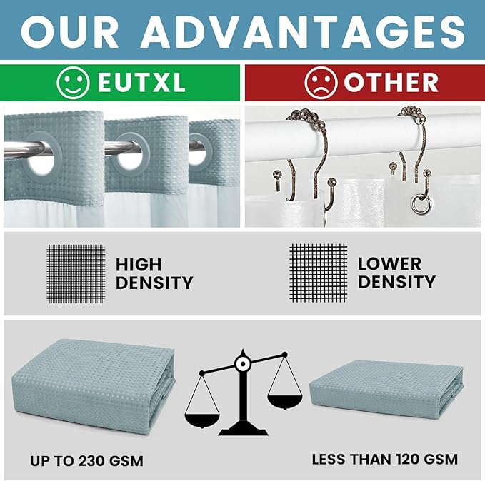 Fog Blue Stall No Hook Shower Curtain with Snap in Liner,230GSM Waffle Weave Shower Curtains for Bathroom,54W x 80H