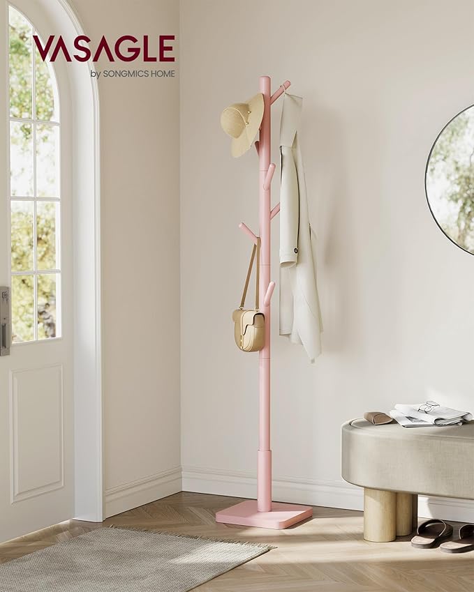 VASAGLE Solid Wood Coat Rack, Free Standing Hall Coat Tree with 8 Hooks, 3 Height Options, for Coats, Hats, Bags, Purses, for Entryway, Hallway, Rubberwood Hooks and Pole, Jelly Pink URCR010R01
