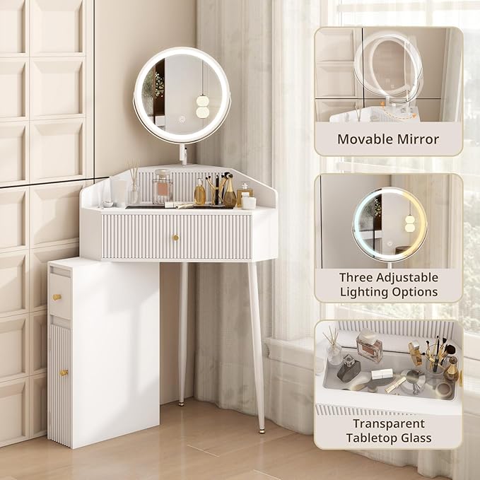 ARTETHYS Corner Vanity Desk with Retractable and Rotating Mirror and Lights Small Modern White Makeup Vanity Set with Glass Top for Women Compact Girls Dressing Table with Drawer for Small Space