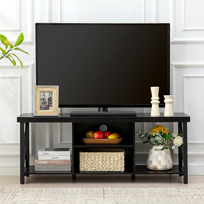 GAZHOME TV Stand for TV up to 55 Inches, TV Cabinet with Open Storage, TV Console Unit with Shelving for Living Room, Entertainment Room, Black