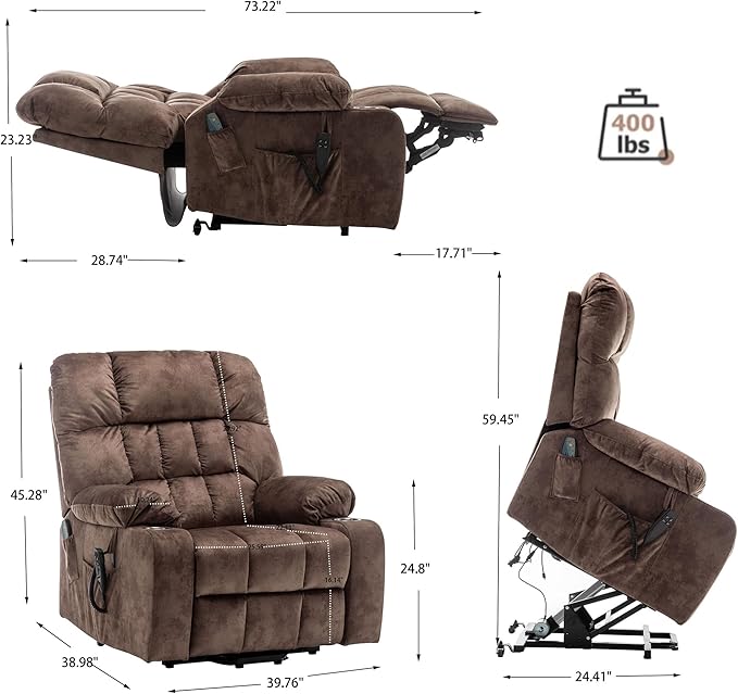 Power Lift Recliner Chair with Massage and Heating for Elderly, Oversized Lay Flat Recliner, Big and Tall 400lbs, Dual Motors, Cup Holders, Heavy Duty, Adults (Brown)