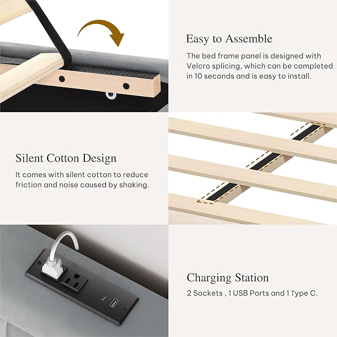 YITAHOME Full Size Bed Frame with Adjustable Headboard, 4 Storage Drawers and Charging Station, Velvet Upholstered Bed Frame with Button Tufted, No Box Spring Needed, Fast Assembly, Noise-Free, Grey