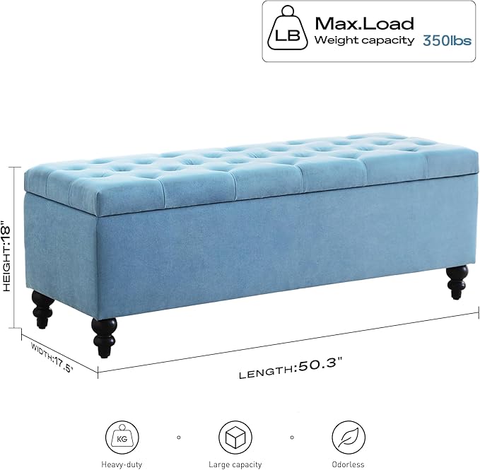 HUIMO 50-inch Storage Ottoman Bench in Upholstered Fabrics, Button-Tufted Large Window Bench for Bedroom, Living Room, End of Bed Bench Hold Up to 300lbs (Light Blue), OT1-1