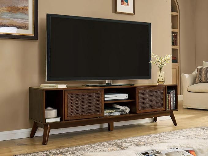 68 Inch Mid Century Modern TV Stands with Rattan Doors, MCM Entertainment Center Media Console for 60/65/70/75 inch TVS, Long Boho Television Stand for Living Room, Dark Walnut