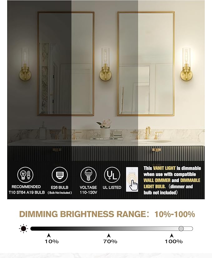 Emak Brushed Gold Sconce, Bathroom Vanity Light with Clear Glass Shade, Modern Wall Light Fixtures for Bathroom, Mirror, Hallway, Bedroom, WS085-BGD