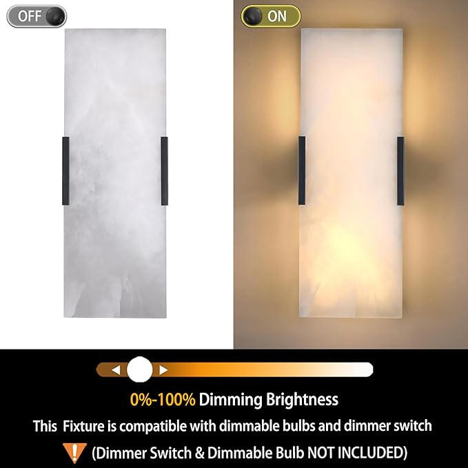 2 Light Natural Square Alabaster Marble Bathroom 15 Inch Wall Sconce Modern Concise Style Wall Light Fixtures,Dark Gray Finish for Bedroom Hallway Bedside Living Room