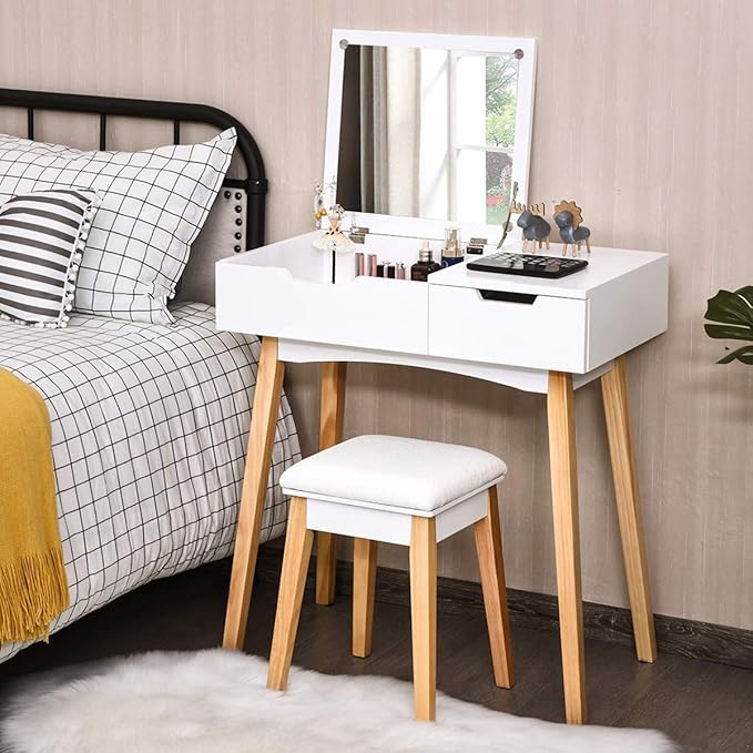 CHARMAID Vanity Table with Flip Top Mirror and Stool, Wooden Makeup Table Writing Desk with Drawer, Storage Compartment, Bedroom White Dressing Vanity Set for Kids Girls Women, Easy Assembly