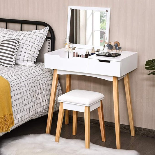 CHARMAID Vanity Table with Flip Top Mirror and Stool, Wooden Makeup Table Writing Desk with Drawer, Storage Compartment, Bedroom White Dressing Vanity Set for Kids Girls Women, Easy Assembly