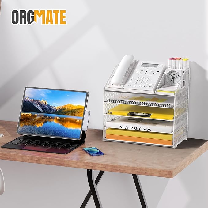 Letter Tray Paper, 5 Tier Desk Organizer with Pen Holder and Handle, Mesh File Organizer Paper Sorter Metal Desktop Document Shelf for Office Home Classroom - White