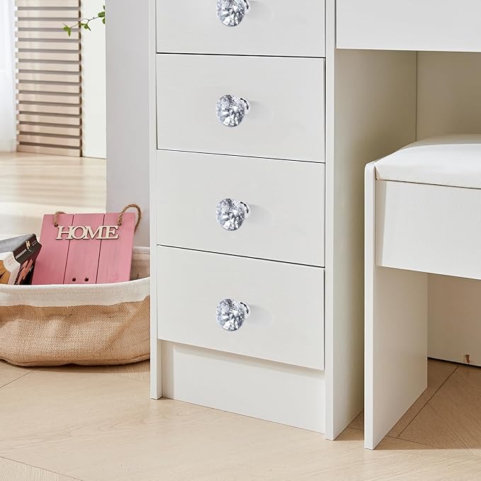 Girls Vanity Set, 3 Color Modes, 5 Storage Drawers 6 Cabinets Makeup Table with Mirror and Lights, White Dressing Table with Cushioned Stool for Home and Bedroom