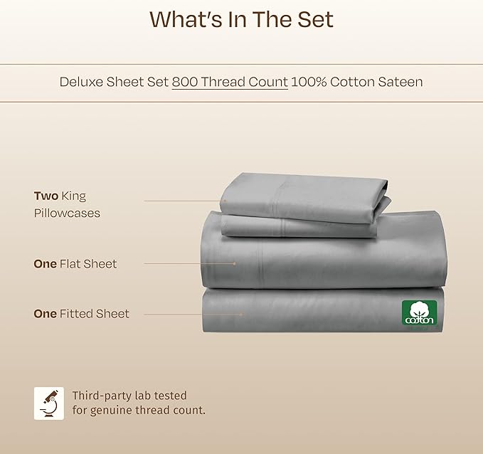 California Design Den King Size Bed Sheets 100% Cotton Sateen - Buttery Soft 800 Thread Count Bedding Set - Beats Fake Egyptian Claim, Durable Deep Pocket Fitted Sheet (Light Grey)
