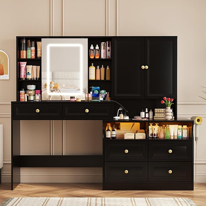 Large Black Vanity Desk with Sliding Mirror & Lights, Big 58.6" Makeup Vanity Table & Nightstand Combo with Power Outlet and 6 Drawers 15 Shelves with Light Strips for Bedroom