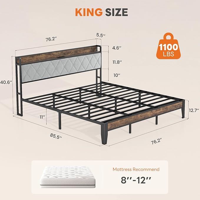 Sweetcrispy King Bed Frame with Headboard,Spacious Underbed Storage,Integrated Charging Station,Durable Squeak-Free Frame,Simple No-Tool Assembly,Works with King Mattress No Box Spring Required