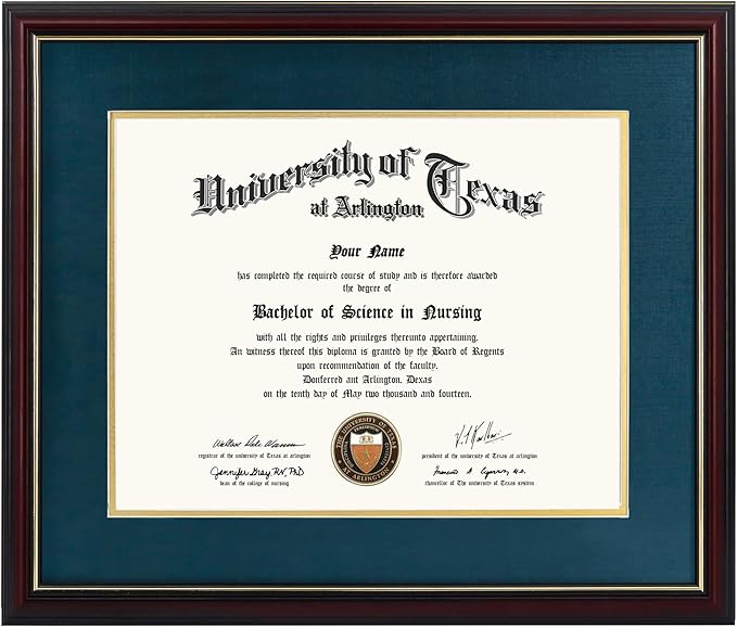 GraduationMall 11x14 Diploma Frame with Navy over Gold Mat or Display 15x18 Certificate without Mat,Solid Wood & UV Protection Acrylic,Cherry Finish with Gold Trim