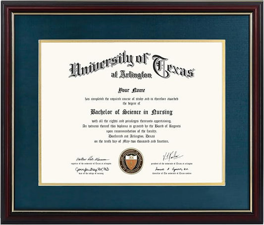 GraduationMall 11x14 Diploma Frame with Navy over Gold Mat or Display 15x18 Certificate without Mat,Solid Wood & UV Protection Acrylic,Cherry Finish with Gold Trim