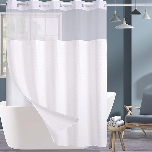 Conbo Mio No Hook Shower Curtain with Snap in Liner Set, Hotel Luxury White Fabric Shower Curtains for Bathroom with See Through Top Window, Washable, Waterproof 71W x 74H