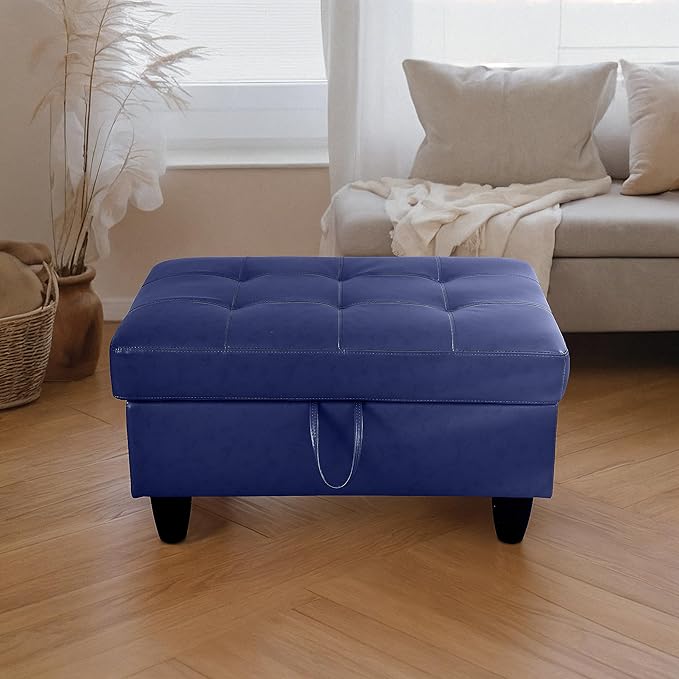 Ottoman Rectangular Storage Ottoman Bench, Faux Leather Footrest, Coffee Table, Stool Footstool with Hinged Lid for Living Room, Bedroom, Entryway, Blue, 35"x23.5"x17.5"